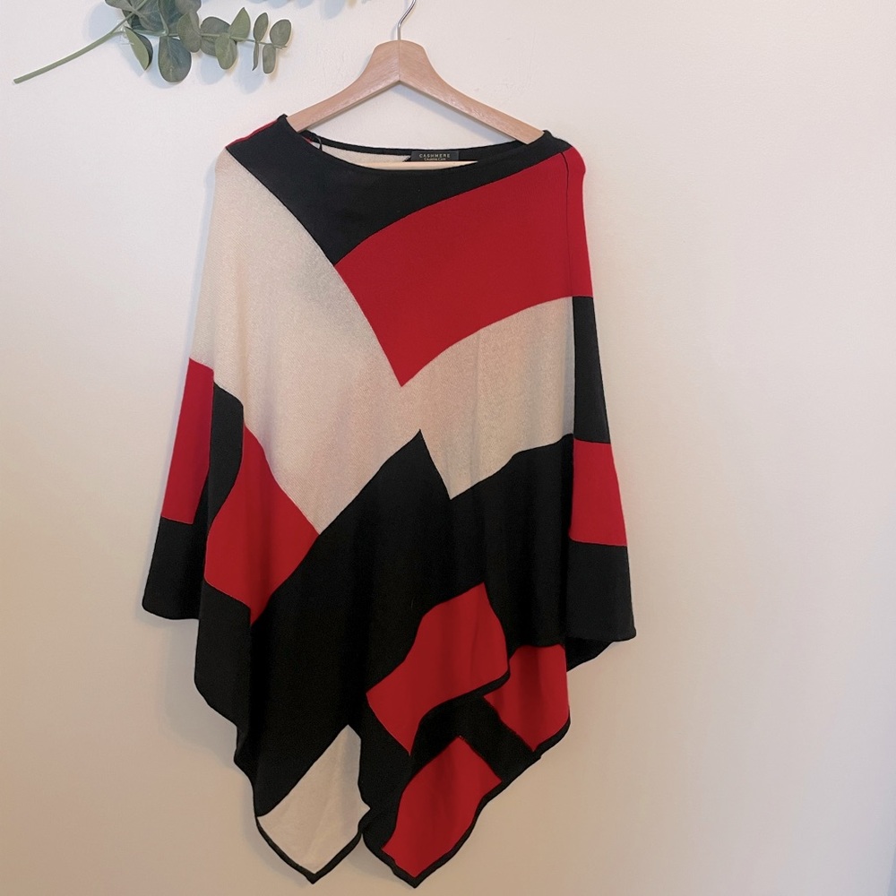 Charter Club Red Black and Cream Cashmere Poncho